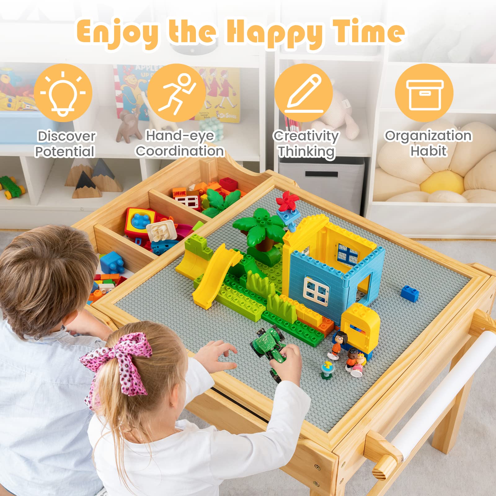 HONEY JOY Kids Table, 2 in 1 Toddler Wooden Activity Table with Paper Roll, Convertible Building Block Tabletop, 3 Storage Compartments, Children Furniture Set for Daycare, Playroom, Natural