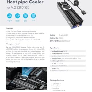 GRAUGEAR M.2 2280 SSD Heatsink, Direct-Touch Heat of Copper Heat Pipe, 20mm Built-in Cooling Fan, Aluminum Plate-Fin Design, Thermal Pads incl. Cooler for M.2 NVMe/SATA [G-M2HS08-F]