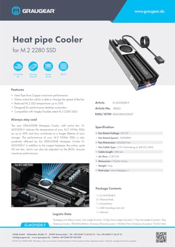 GRAUGEAR M.2 2280 SSD Heatsink, Direct-Touch Heat of Copper Heat Pipe, 20mm Built-in Cooling Fan, Aluminum Plate-Fin Design, Thermal Pads incl. Cooler for M.2 NVMe/SATA [G-M2HS08-F]