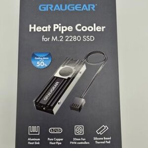 GRAUGEAR M.2 2280 SSD Heatsink, Direct-Touch Heat of Copper Heat Pipe, 20mm Built-in Cooling Fan, Aluminum Plate-Fin Design, Thermal Pads incl. Cooler for M.2 NVMe/SATA [G-M2HS08-F]