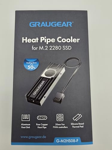 GRAUGEAR M.2 2280 SSD Heatsink, Direct-Touch Heat of Copper Heat Pipe, 20mm Built-in Cooling Fan, Aluminum Plate-Fin Design, Thermal Pads incl. Cooler for M.2 NVMe/SATA [G-M2HS08-F]