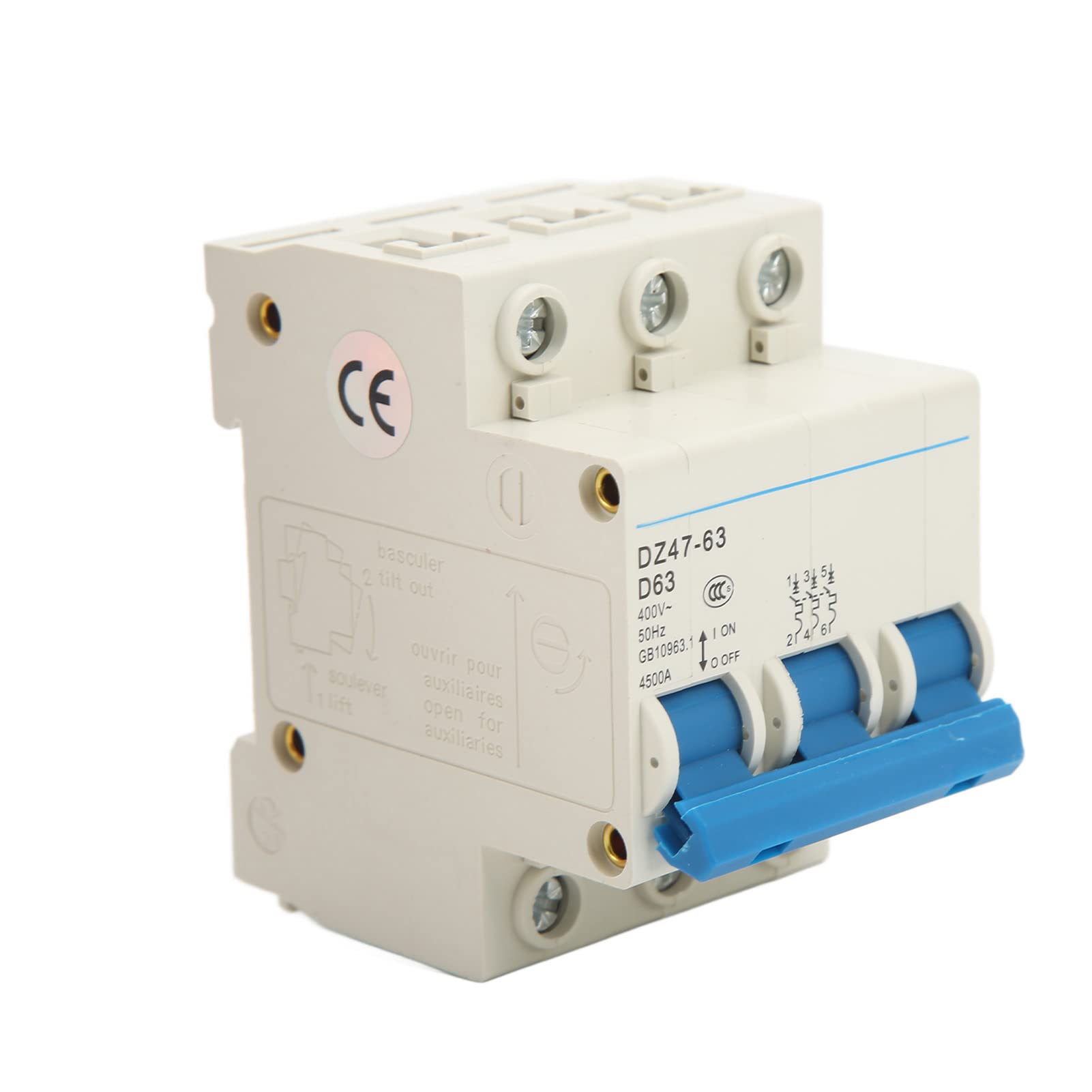 Miniature Circuit Breaker, 63A 400V 50Hz 4500A AC 3P DIN Rail Mount Circuit Breaker Air Switch Overload Protection Current Circuit Breaker DZ47-63 D63