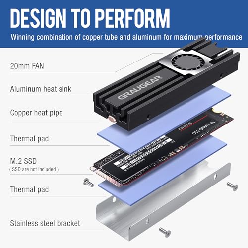 GRAUGEAR M.2 2280 SSD Heatsink, Direct-Touch Heat of Copper Heat Pipe, 20mm Built-in Cooling Fan, Aluminum Plate-Fin Design, Thermal Pads incl. Cooler for M.2 NVMe/SATA [G-M2HS08-F]