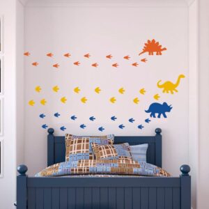 Dinosaur Wall Sticker Vinyl Footprints Decals for Nursery Bedroom Boys or Girls Room Playroom Classroom Living Room Orange Blue Yellow 63pcs