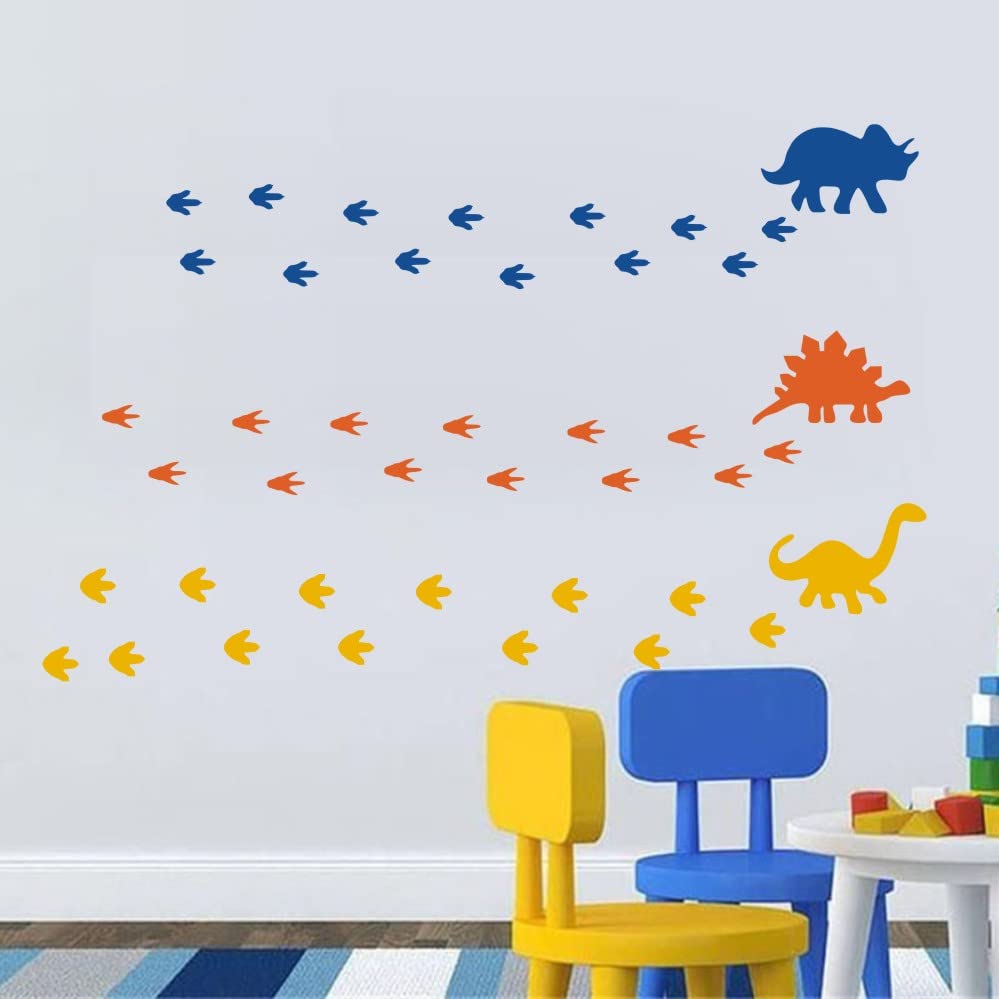 Dinosaur Wall Sticker Vinyl Footprints Decals for Nursery Bedroom Boys or Girls Room Playroom Classroom Living Room Orange Blue Yellow 63pcs