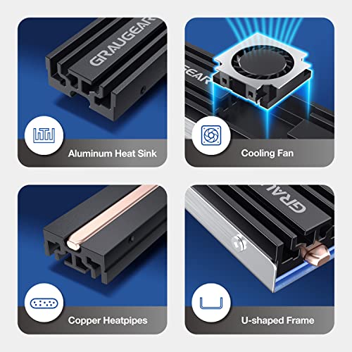 GRAUGEAR M.2 2280 SSD Heatsink, Direct-Touch Heat of Copper Heat Pipe, 20mm Built-in Cooling Fan, Aluminum Plate-Fin Design, Thermal Pads incl. Cooler for M.2 NVMe/SATA [G-M2HS08-F]