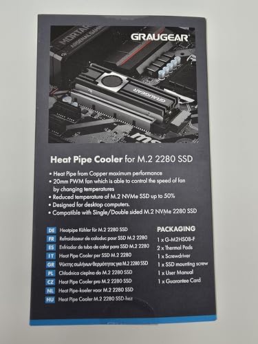 GRAUGEAR M.2 2280 SSD Heatsink, Direct-Touch Heat of Copper Heat Pipe, 20mm Built-in Cooling Fan, Aluminum Plate-Fin Design, Thermal Pads incl. Cooler for M.2 NVMe/SATA [G-M2HS08-F]