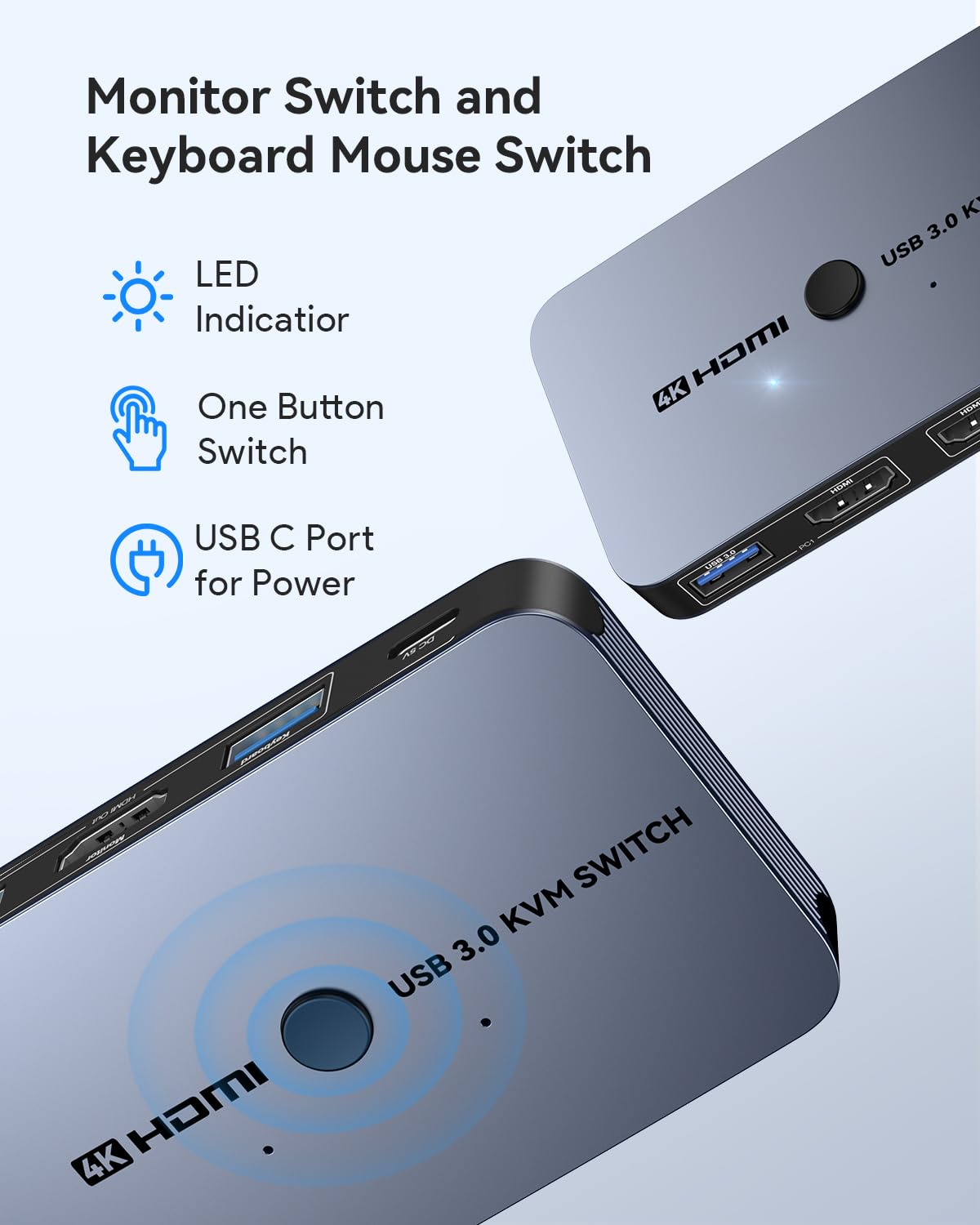 KVM Switch, ABLEWE Aluminum KVM Switch HDMI,USB Switch for 2 Computers Sharing Mouse Keyboard Printer to One HD Monitor, Support 4K@60Hz,2 HDMI Cables and 2 USB Cables Included