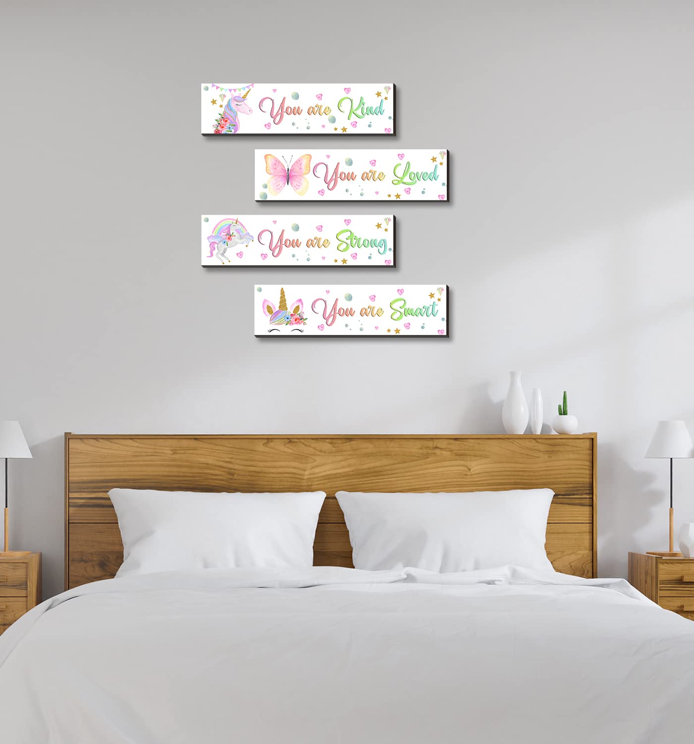 4 Pieces Girl Unicorn Decor Wooden Hanging Wall Plaques, Wall Art Inspirational Quotes, Wood Unicorn Hanging Plaque Bedroom Decorations for girl Baby Toddler Kids Teen