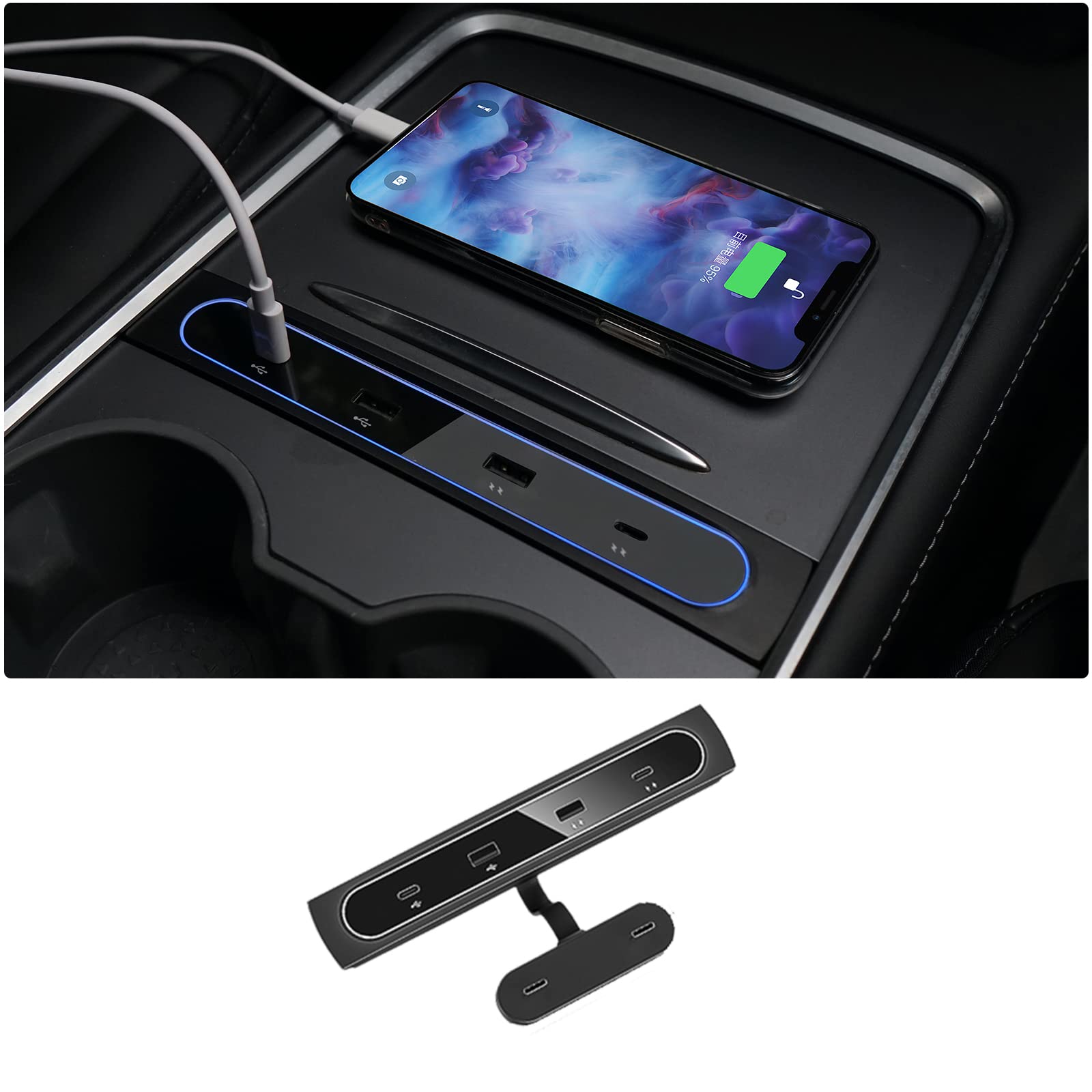 Powlamks USB Hub for Model Y Model 3 2021-2023 Center Console, Support USB-C Fast Charging, TES la Model 3/Y Accessories