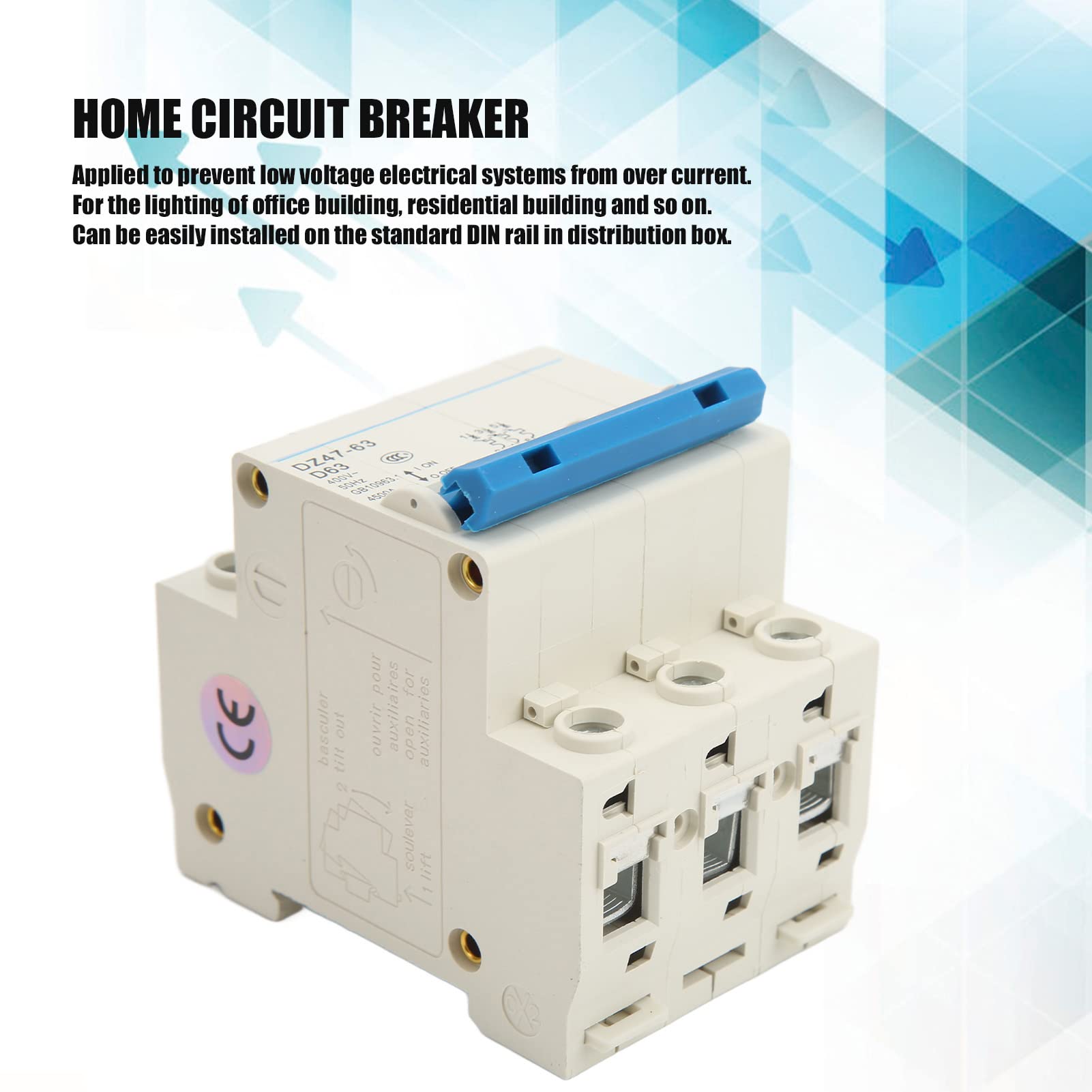 Miniature Circuit Breaker, 63A 400V 50Hz 4500A AC 3P DIN Rail Mount Circuit Breaker Air Switch Overload Protection Current Circuit Breaker DZ47-63 D63