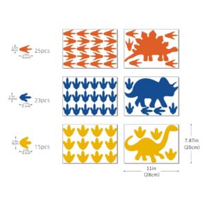 Dinosaur Wall Sticker Vinyl Footprints Decals for Nursery Bedroom Boys or Girls Room Playroom Classroom Living Room Orange Blue Yellow 63pcs