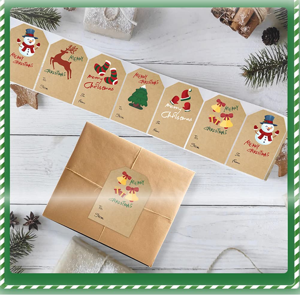 LNALAT 250pcs Kraft Christmas Stickers, 6 Styles Designs Merry Christmas Bell Handmade Sticker Roll for Christmas, Decoration Labels for Bags, Envelopes, Bubble mailers & Boxes