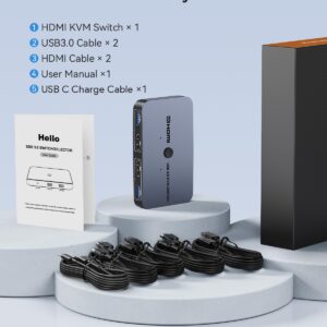 KVM Switch, ABLEWE Aluminum KVM Switch HDMI,USB Switch for 2 Computers Sharing Mouse Keyboard Printer to One HD Monitor, Support 4K@60Hz,2 HDMI Cables and 2 USB Cables Included