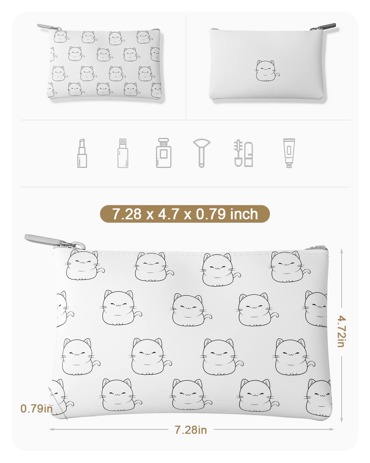 FERYES Cute Cat Silicone Makeup Bag for Travel, Cosmetics Bag for Makeup Brush & Essential Makeup Tools, Make Up Zipper Pouch Gifts for Women - White