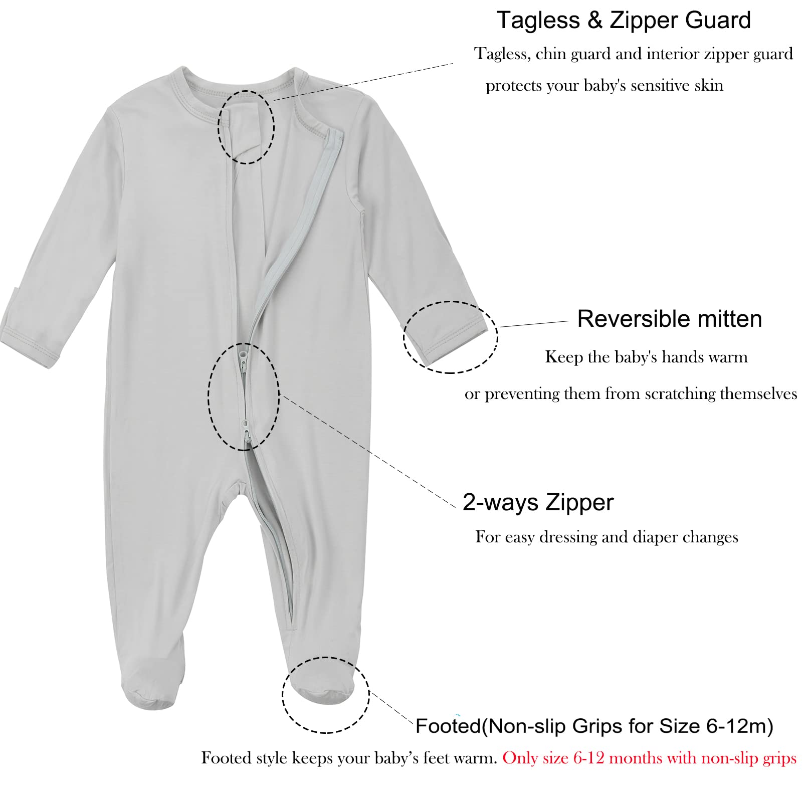 Aablexema Baby Footie Pajamas Zipper - Rayon from Bamboo Infant Footed Pjs with Mittens Sleepwear Jammies(Light Grey & Black Grey,0-3m)