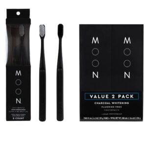 moon soft bristle toothbrush 2-pack and charcoal whitening toothpaste fluoride free 2-pack bundle