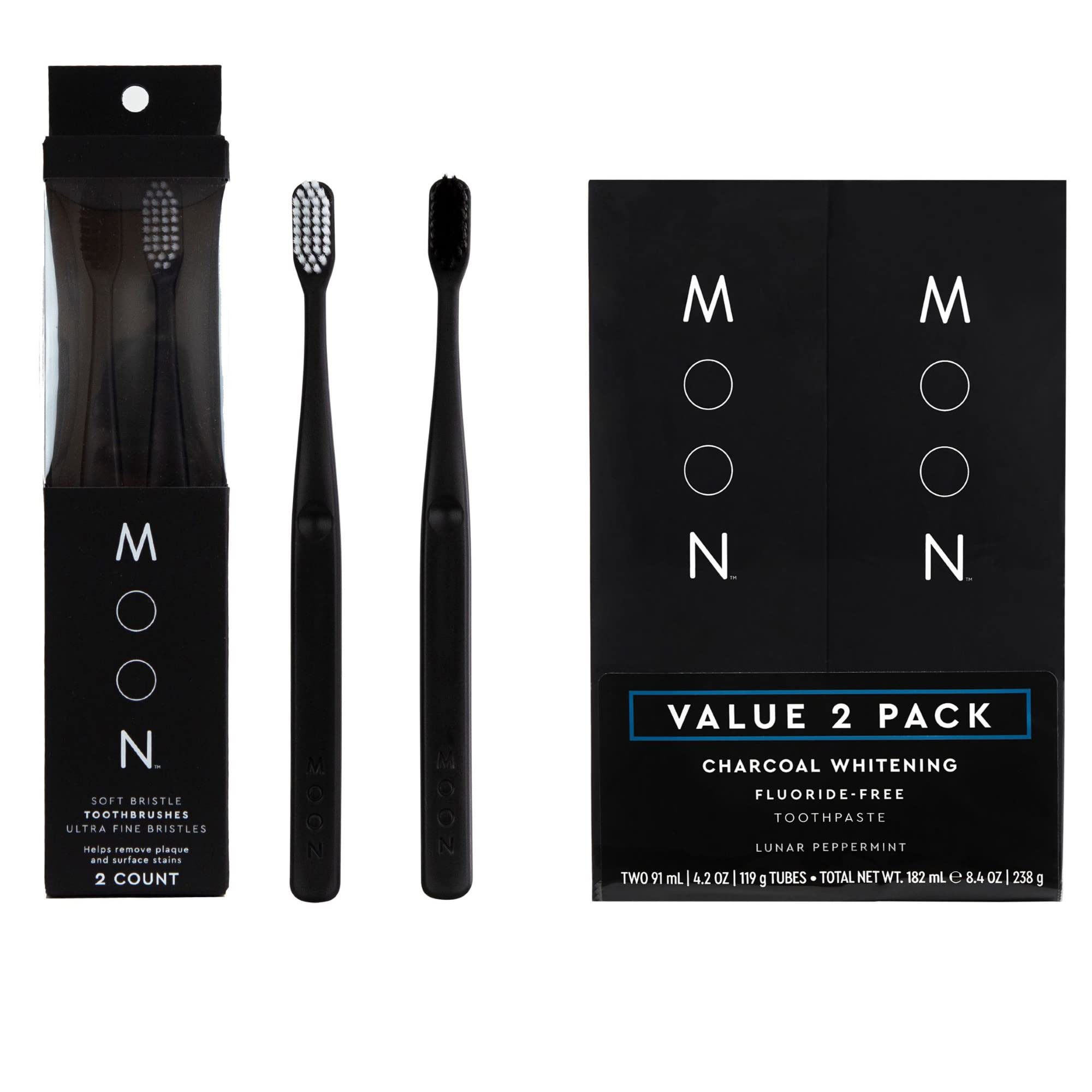 MOON Soft Bristle Toothbrush 2-Pack and Charcoal Whitening Toothpaste Fluoride Free 2-Pack Bundle