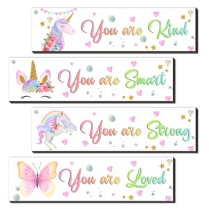 4 pieces girl unicorn decor wooden hanging wall plaques, wall art inspirational quotes, wood unicorn hanging plaque bedroom decorations for girl baby toddler kids teen