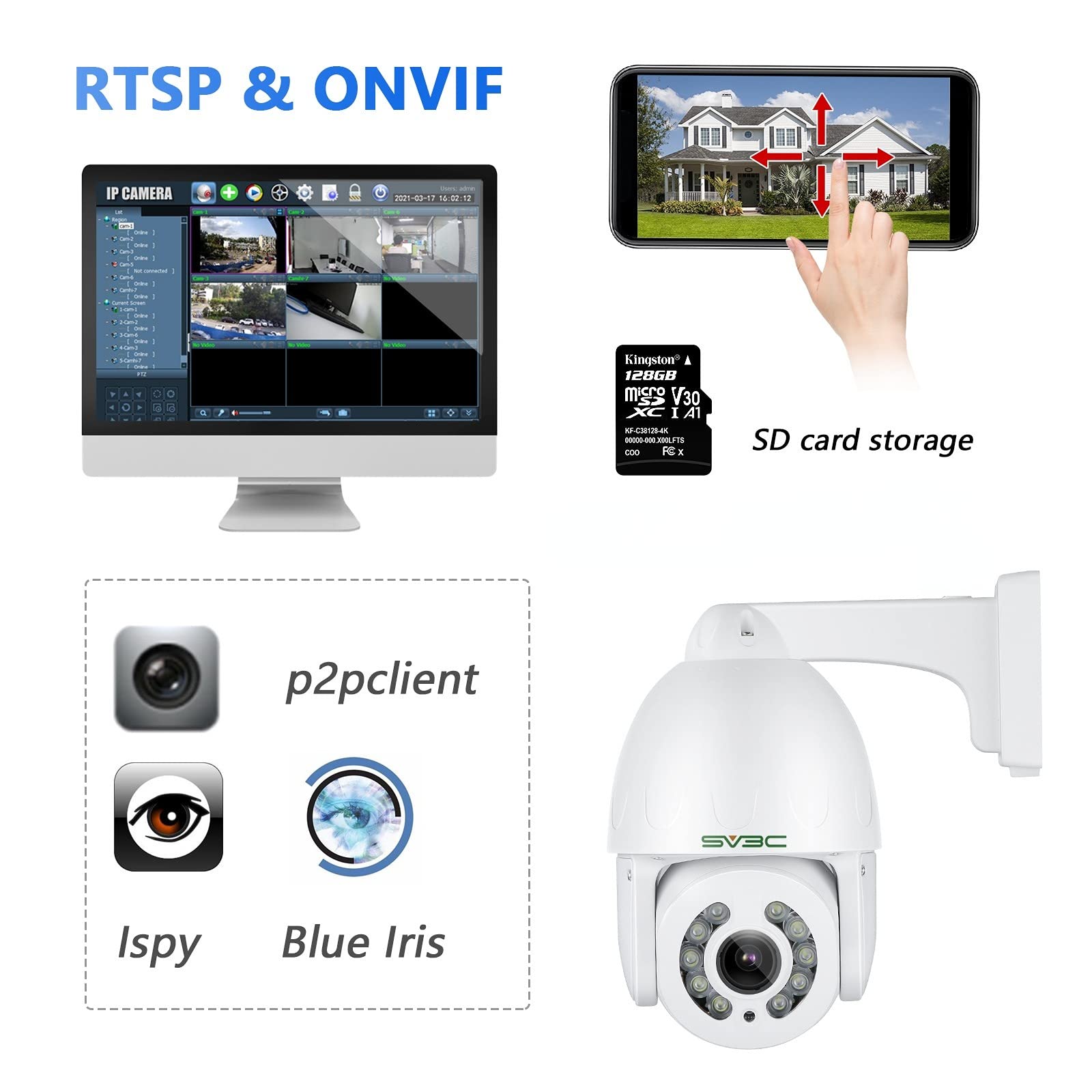 SV3C 5MP PTZ Outdoor Camera, ONVIF POE IP Home Security Camera, 5X Optical Zoom Auto Tracking, Super HD10 Spotlights Color Night Vision, Two Way Audio, Waterproof, Motion Detection, BuleIris, Camhipro