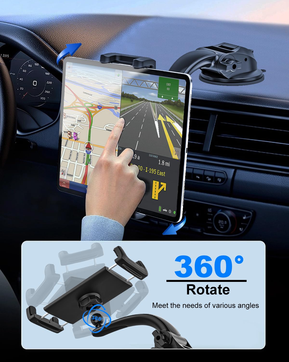 Kolasels Car Dash Tablet Holder Mount, Truck Dashboard Windshield iPad & Phone Stand with Strong Sticky Gel Suction Cup for iPad Pro 9.7, 11, 12.9 / Air/Mini, iPhone, Galaxy Tabs, More 4-13" Devices