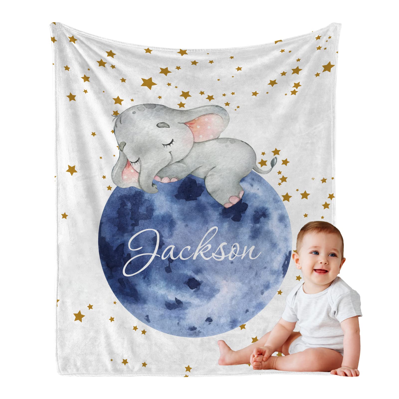 Custom Name Baby Blanket for Baby Girls Boys, Personalized Stars Elephant Design Soft Flannel Baby Blankets for Girls, Baby Name Blanket as Personalized Baby Gifts