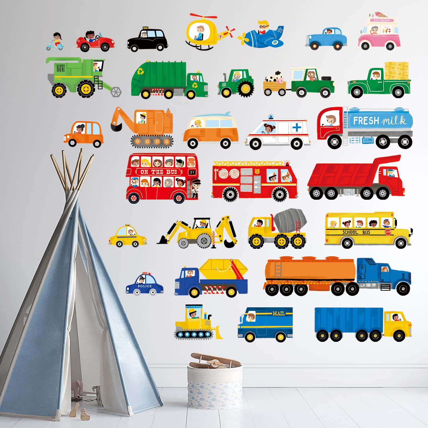 DECOWALL DS9-8064 Transport and Vehicles Wall Stickers Decals for Kids Toddler Bedroom décor car Boys Truck Construction Room Peel and Stick Excavator fire Truck Nursery Living Baby