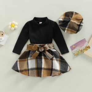 Mubineo Toddler Baby Girl 3PCS Fall Winter Skirt Outfits Long Sleeve Shirt Tops Plaid Skirts Hat Set (Black Brown, 3 Years)