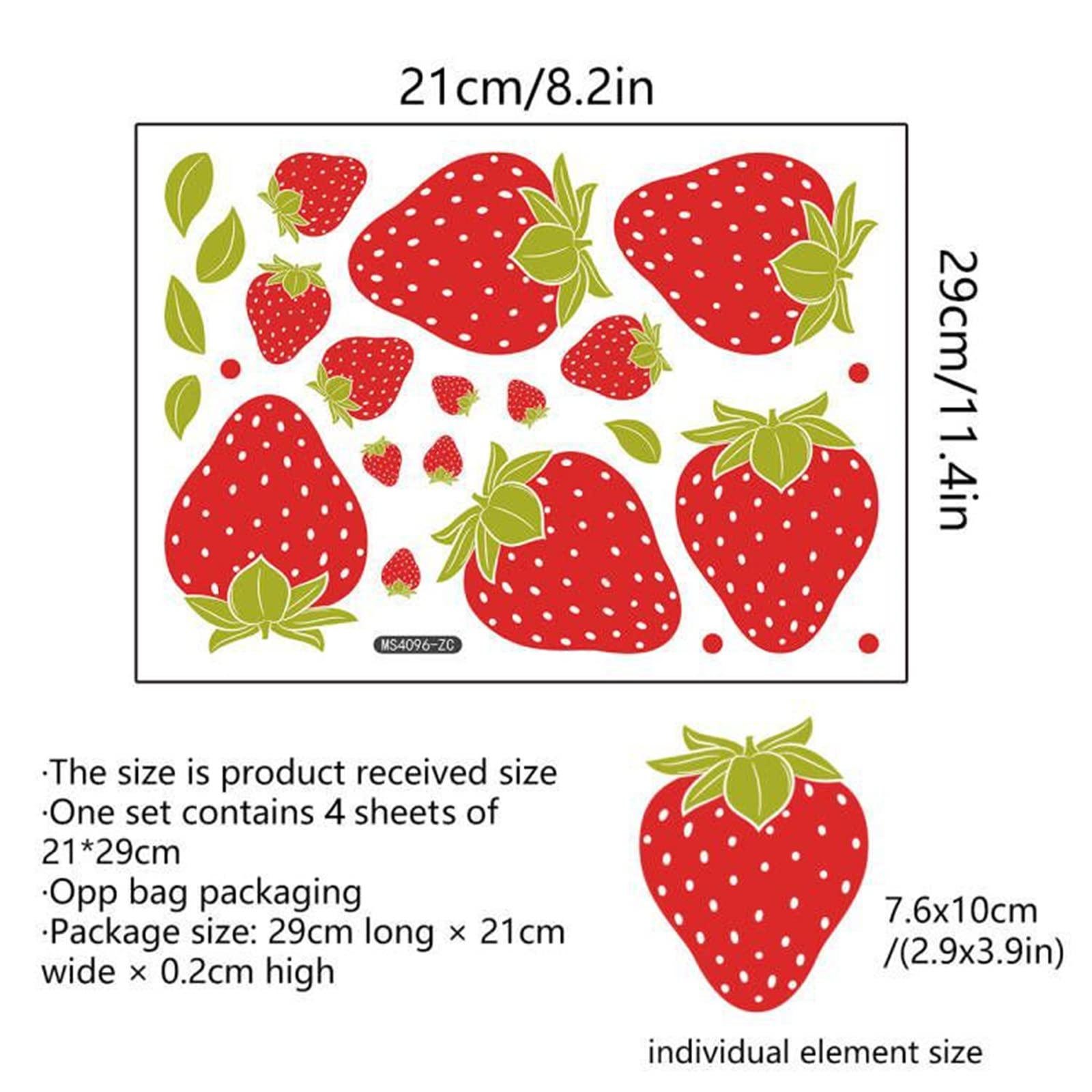 Fruit Wall Sticker, Red Strawberry Sticker DIY Color Fruit Wall Sticker Children's Bedroom Nursery Living Room Baby Room Mural Decoration (4 Pack) (Red)