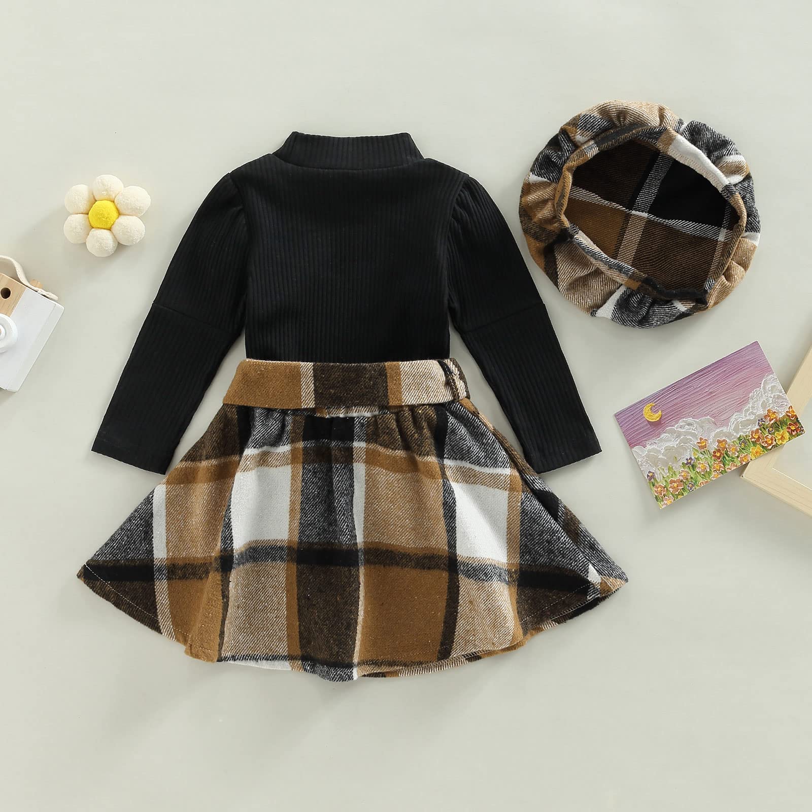 Fernvia Toddler Baby Girl Fall Winter Skirt Set Turtleneck Ribbed Long Sleeve T-Shirt Top & Plaid Skirts Dress 2Pcs Outfits (E Black, 3-4 Years)