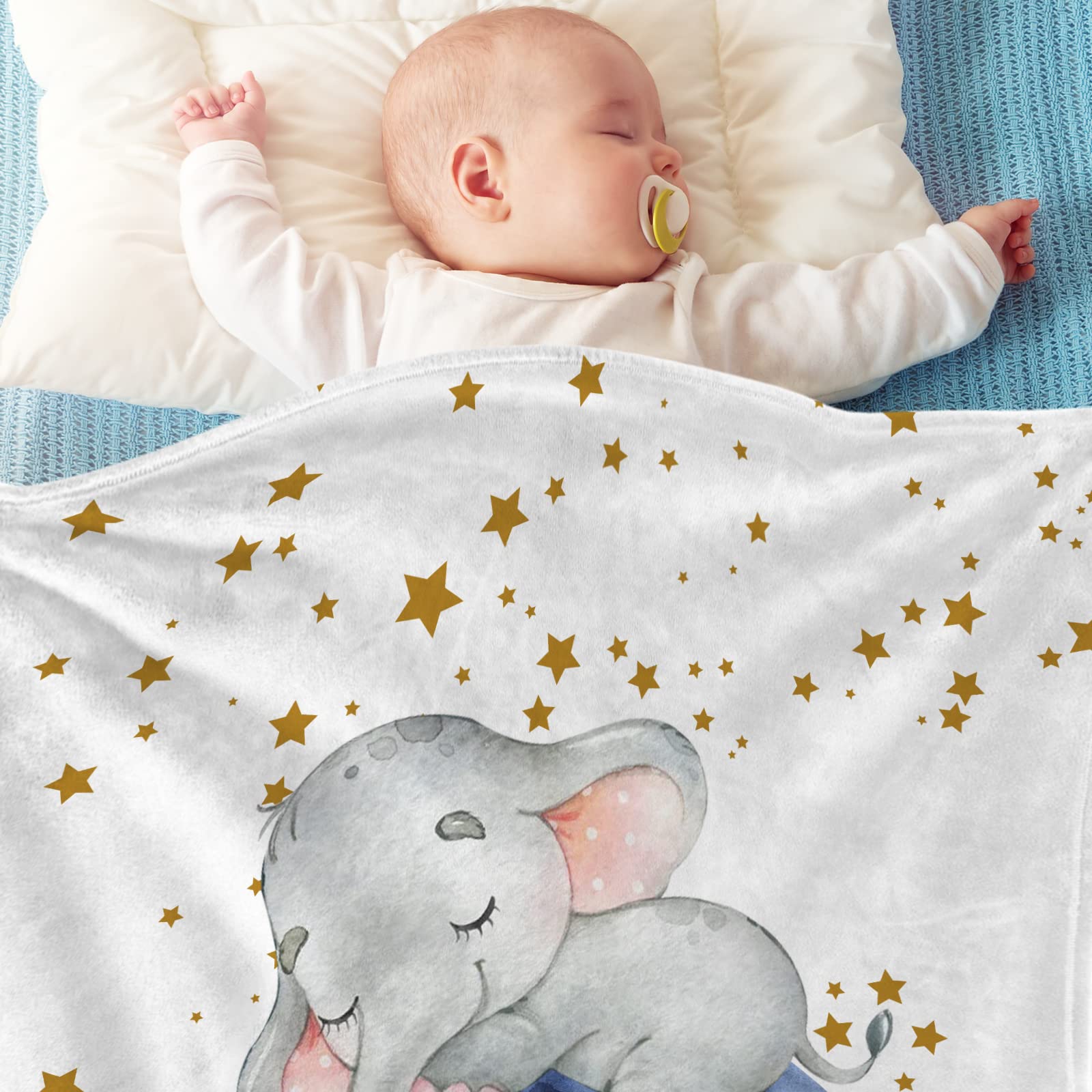 Custom Name Baby Blanket for Baby Girls Boys, Personalized Stars Elephant Design Soft Flannel Baby Blankets for Girls, Baby Name Blanket as Personalized Baby Gifts