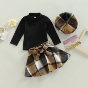 Mubineo Toddler Baby Girl 3PCS Fall Winter Skirt Outfits Long Sleeve Shirt Tops Plaid Skirts Hat Set (Black Brown, 3 Years)