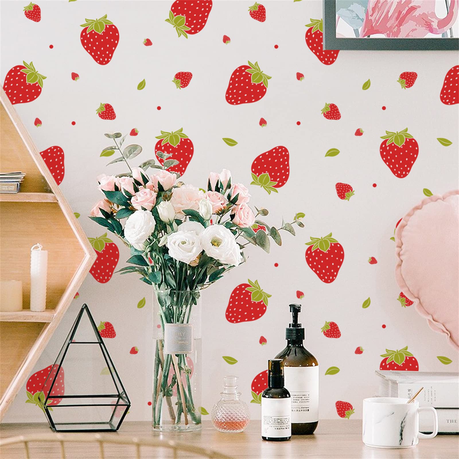 Fruit Wall Sticker, Red Strawberry Sticker DIY Color Fruit Wall Sticker Children's Bedroom Nursery Living Room Baby Room Mural Decoration (4 Pack) (Red)