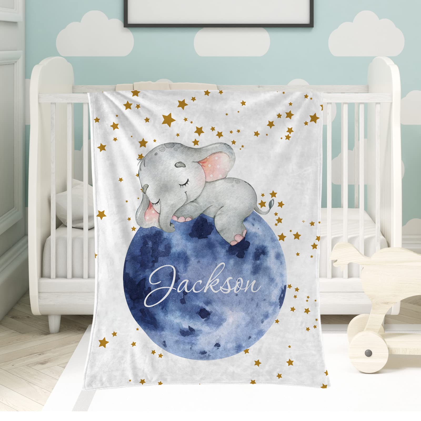 Custom Name Baby Blanket for Baby Girls Boys, Personalized Stars Elephant Design Soft Flannel Baby Blankets for Girls, Baby Name Blanket as Personalized Baby Gifts