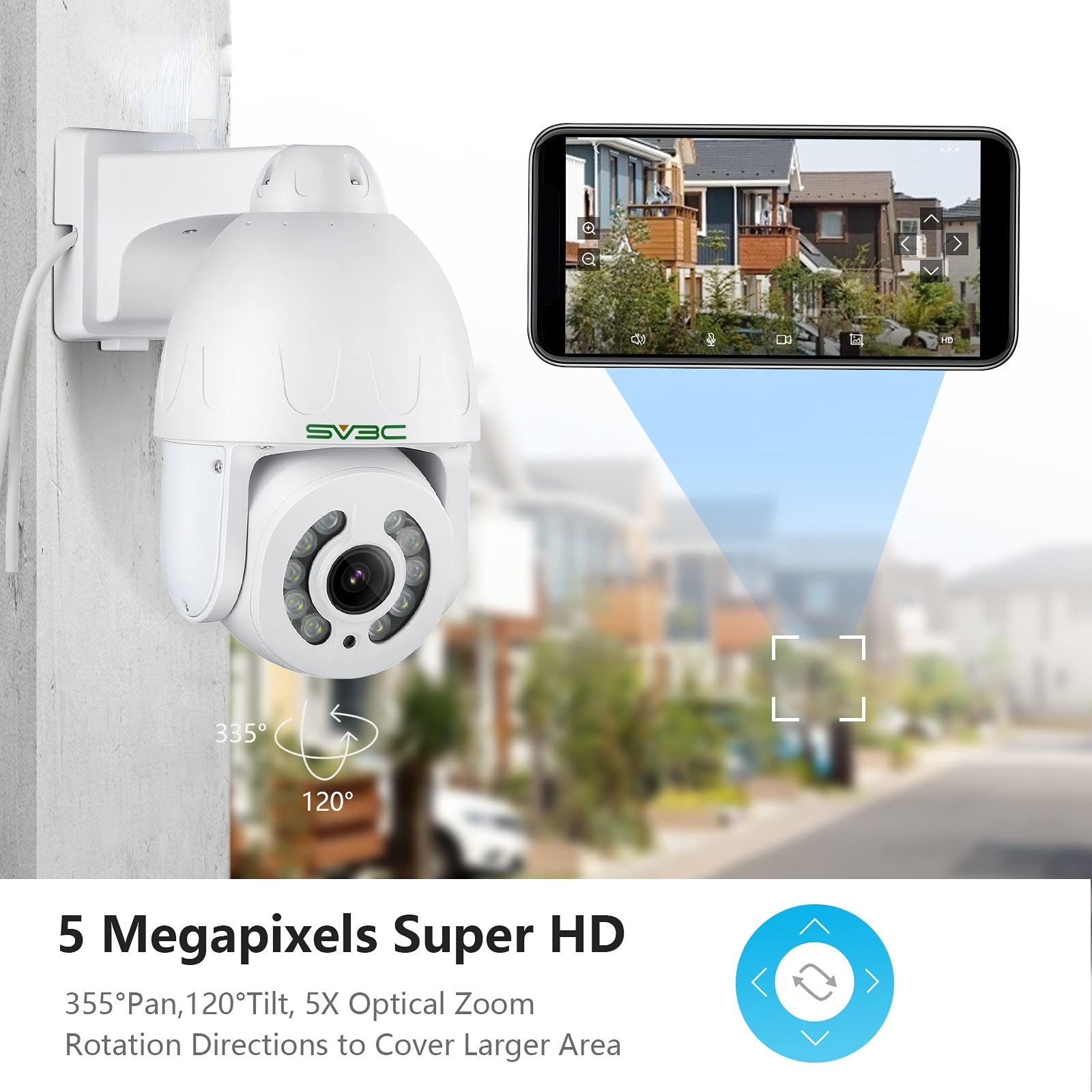 SV3C 5MP PTZ Outdoor Camera, ONVIF POE IP Home Security Camera, 5X Optical Zoom Auto Tracking, Super HD10 Spotlights Color Night Vision, Two Way Audio, Waterproof, Motion Detection, BuleIris, Camhipro