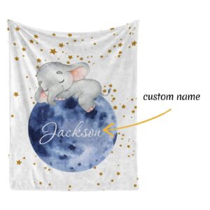 Custom Name Baby Blanket for Baby Girls Boys, Personalized Stars Elephant Design Soft Flannel Baby Blankets for Girls, Baby Name Blanket as Personalized Baby Gifts