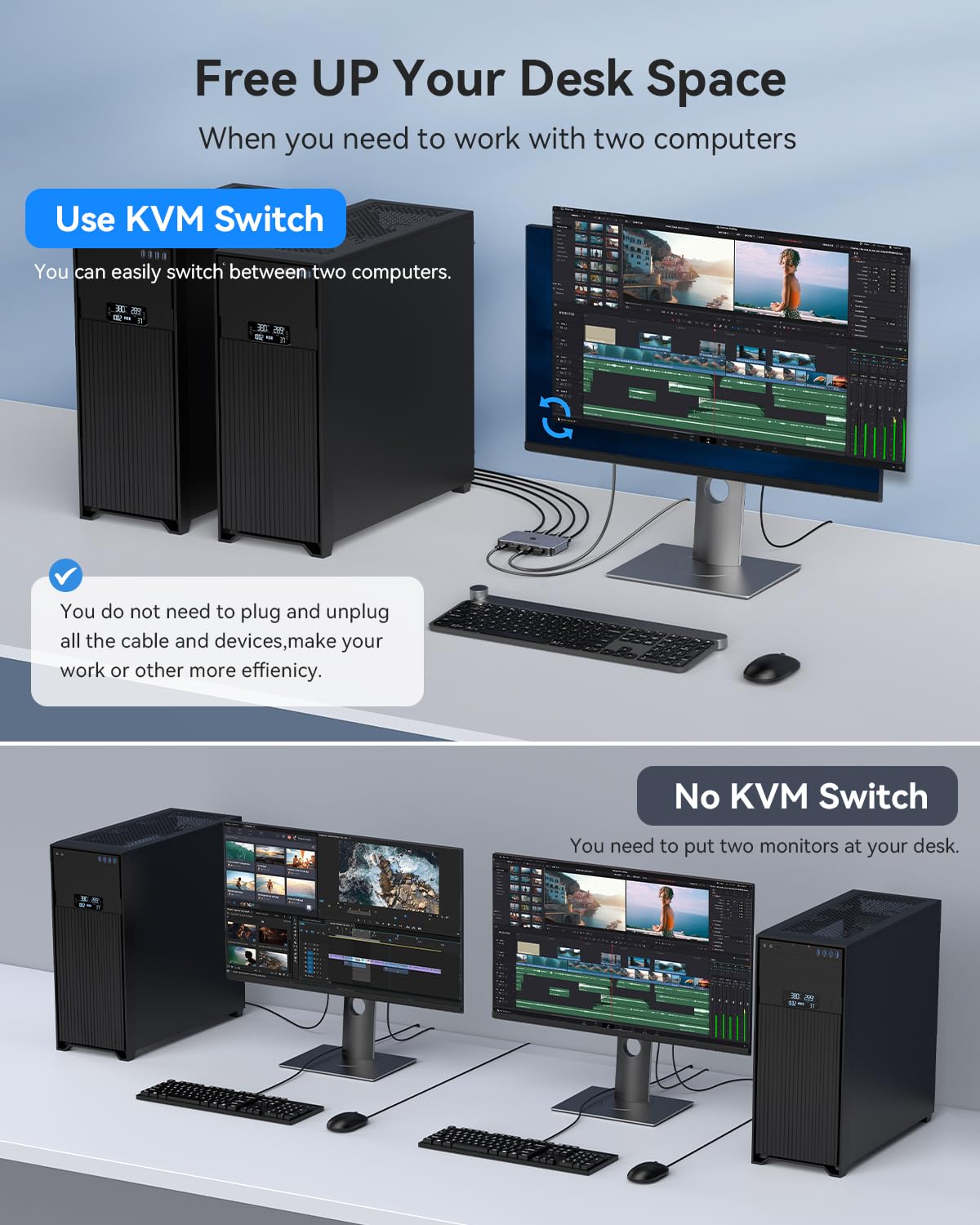 KVM Switch, ABLEWE Aluminum KVM Switch HDMI,USB Switch for 2 Computers Sharing Mouse Keyboard Printer to One HD Monitor, Support 4K@60Hz,2 HDMI Cables and 2 USB Cables Included