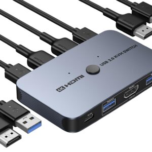 KVM Switch, ABLEWE Aluminum KVM Switch HDMI,USB Switch for 2 Computers Sharing Mouse Keyboard Printer to One HD Monitor, Support 4K@60Hz,2 HDMI Cables and 2 USB Cables Included