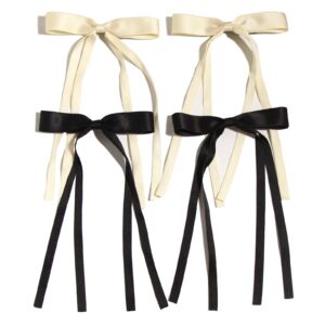 4pcs hair clips for women tassel ribbon bowknot with long tail, clip girl, solid accessories barrettes claw bow (black&beige)