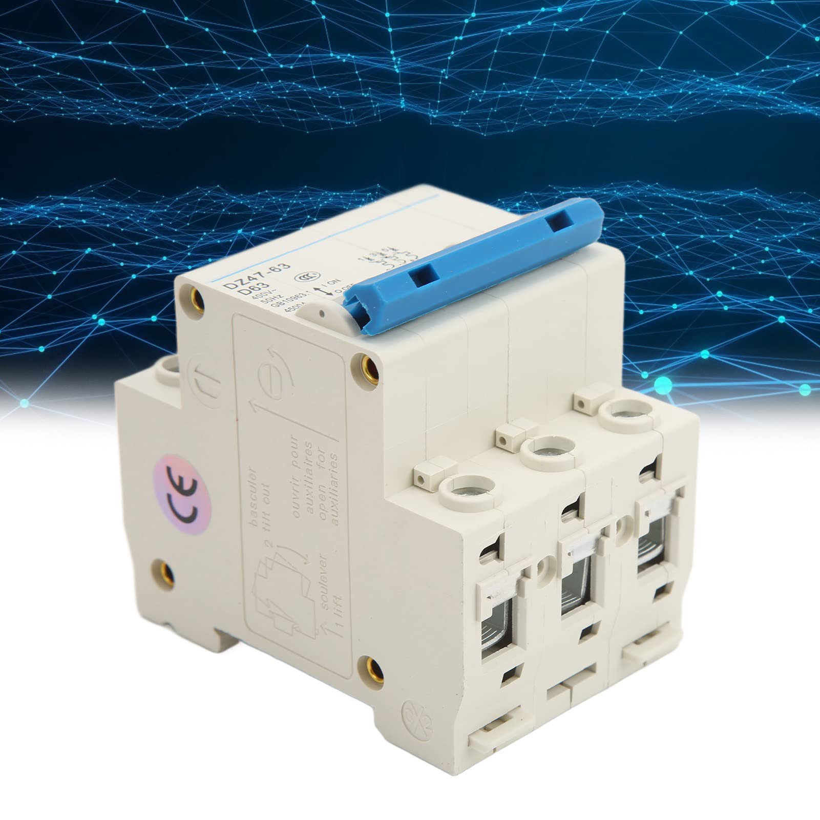 Miniature Circuit Breaker, 63A 400V 50Hz 4500A AC 3P DIN Rail Mount Circuit Breaker Air Switch Overload Protection Current Circuit Breaker DZ47-63 D63