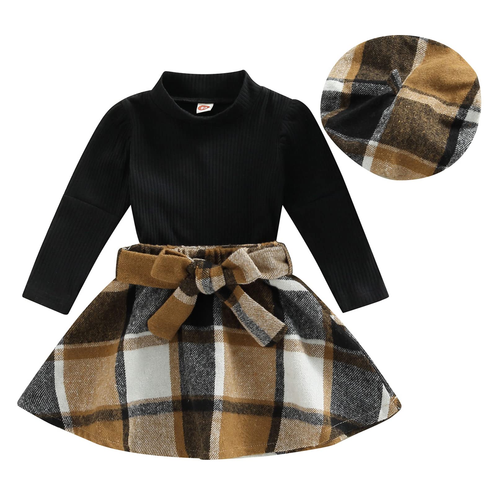 Mubineo Toddler Baby Girl 3PCS Fall Winter Skirt Outfits Long Sleeve Shirt Tops Plaid Skirts Hat Set (Black Brown, 3 Years)