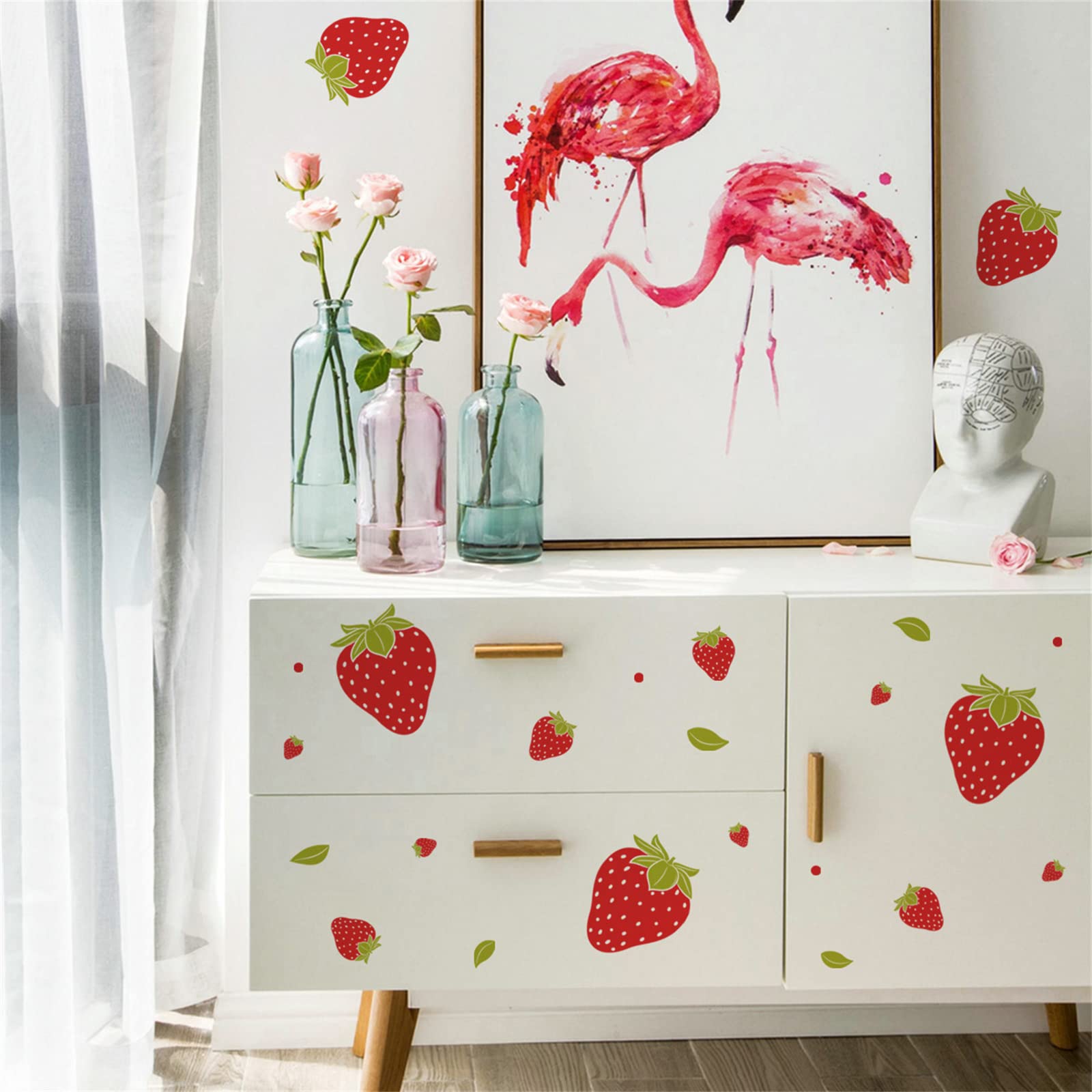 Fruit Wall Sticker, Red Strawberry Sticker DIY Color Fruit Wall Sticker Children's Bedroom Nursery Living Room Baby Room Mural Decoration (4 Pack) (Red)