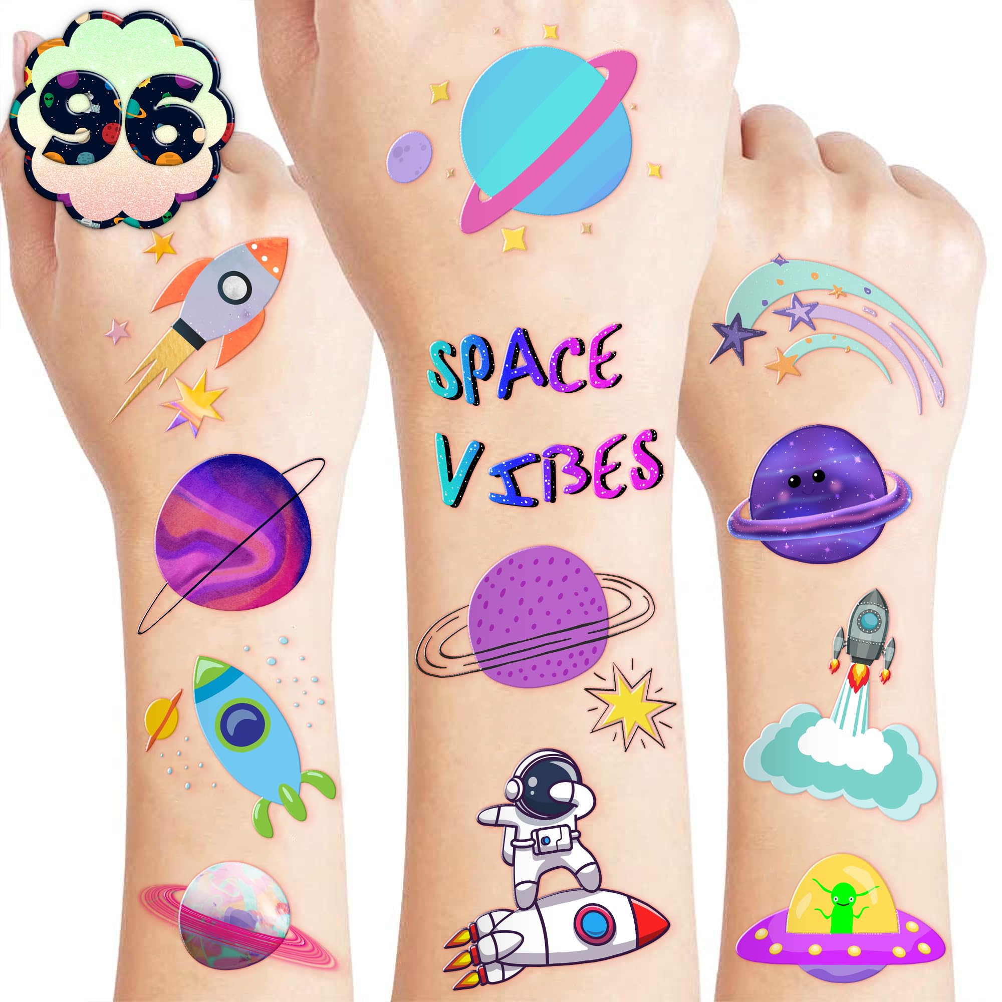 Galaxy Temporary Tattoos for Kids, 96PCS Outer Space Birthday Party Decorations Supplies Tattoos Stickers Cute Party Favors Girls Boys Gifts Classroom School Prizes Themed Christmas