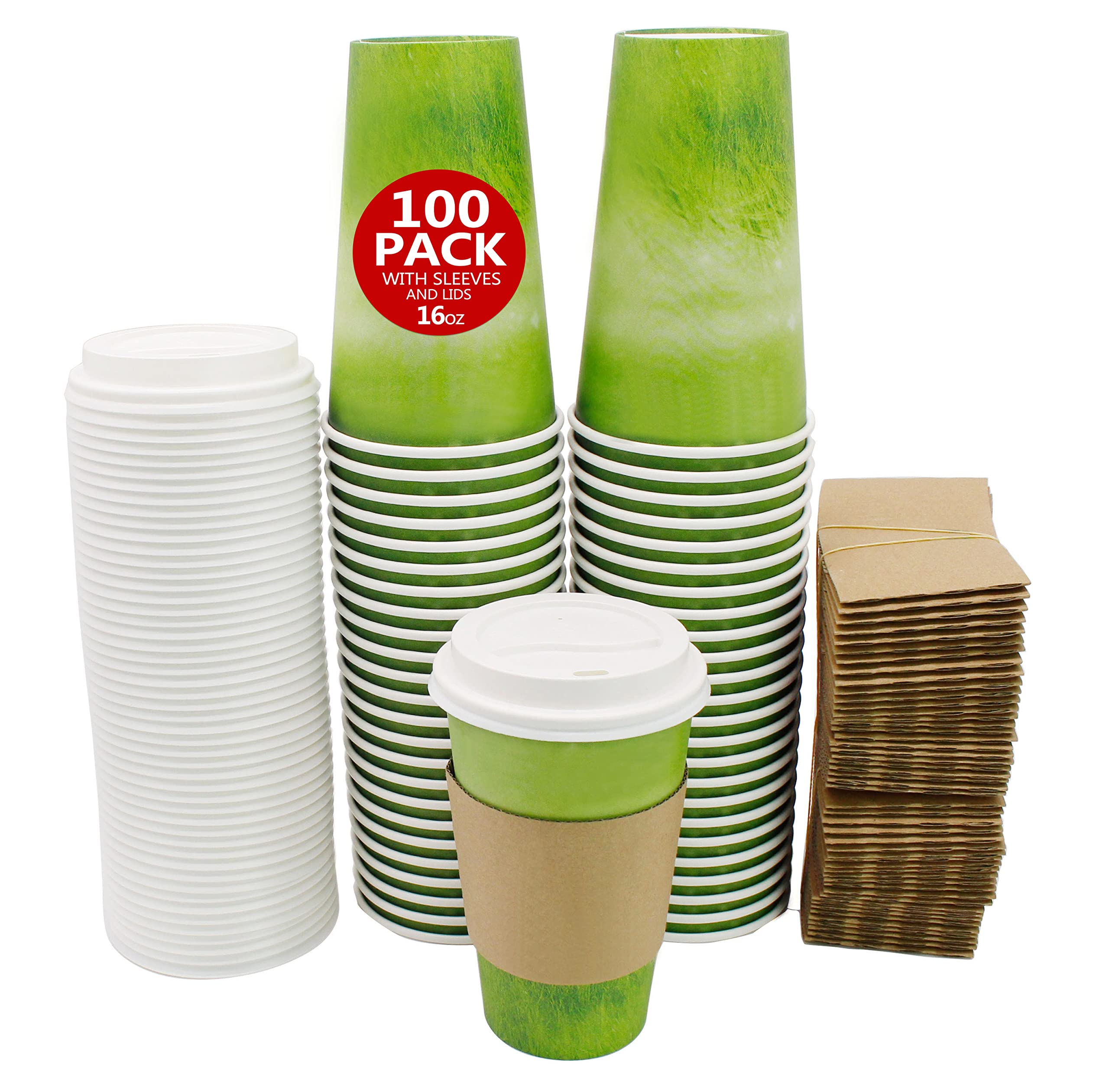 Yes!Fresh Disposable Hot Paper Cup,To Go Hot Cups for Coffee, Hot Liquid, Chocolate, Juice,Suitable for Party, Picnic, Travel, and Events (16 oz, 100 Count, Green)