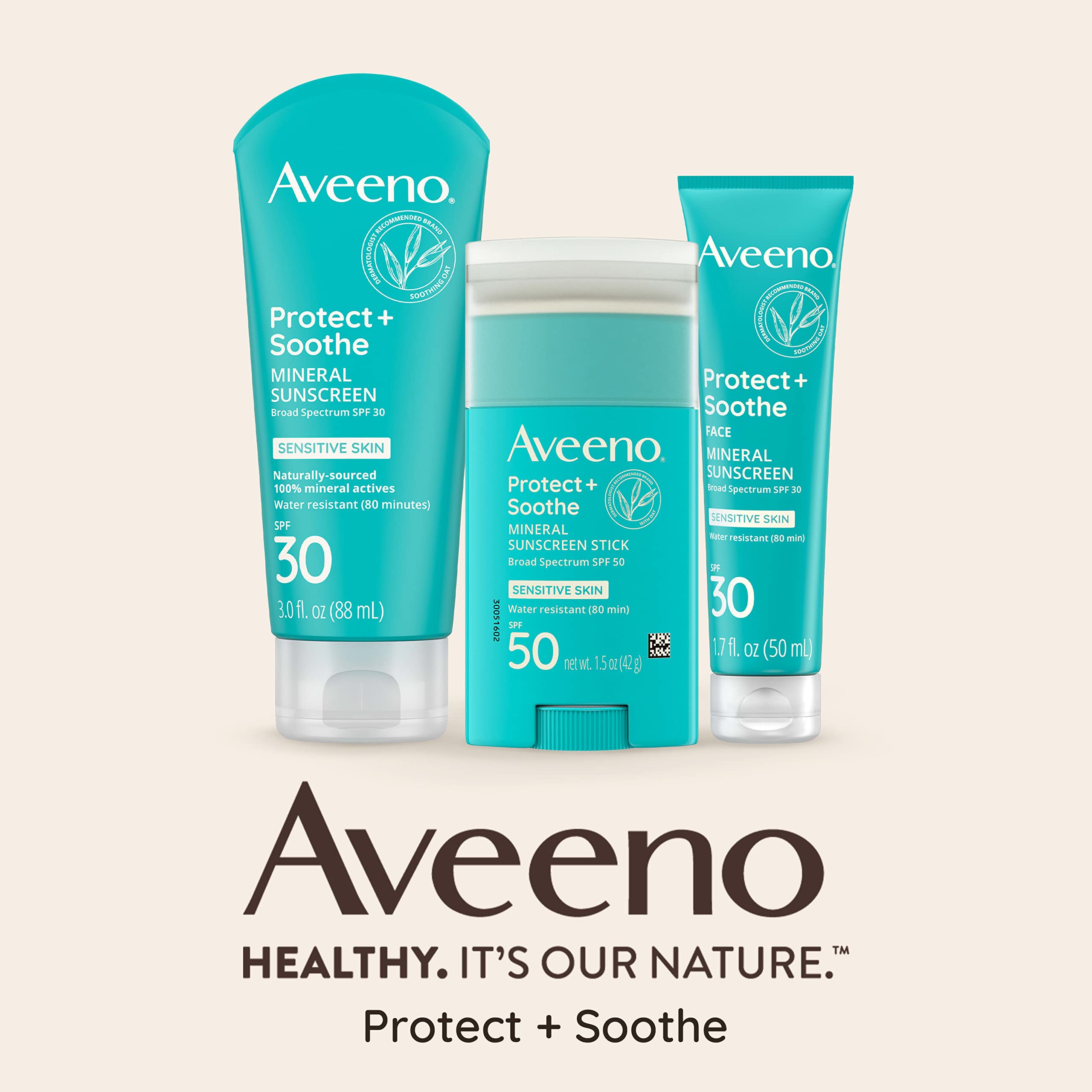 Aveeno Protect + Soothe Mineral Sunscreen Lotion with Broad Spectrum SPF 30, Quick Drying and Water-Resistant UVA/UVB Protection for Sensitive Skin, Fragrance-Free, 3.0 fl. oz