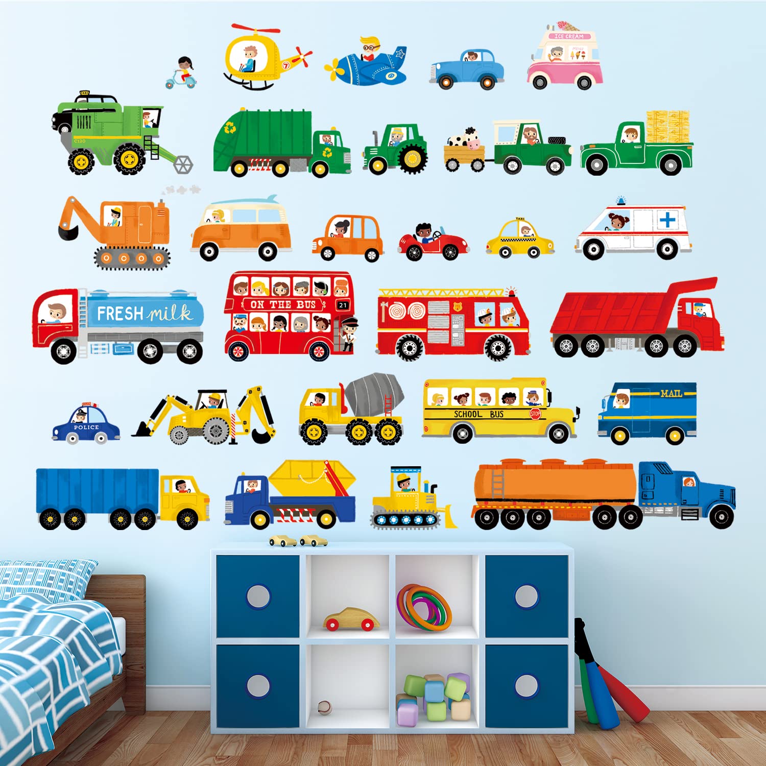 DECOWALL DS9-8064 Transport and Vehicles Wall Stickers Decals for Kids Toddler Bedroom décor car Boys Truck Construction Room Peel and Stick Excavator fire Truck Nursery Living Baby