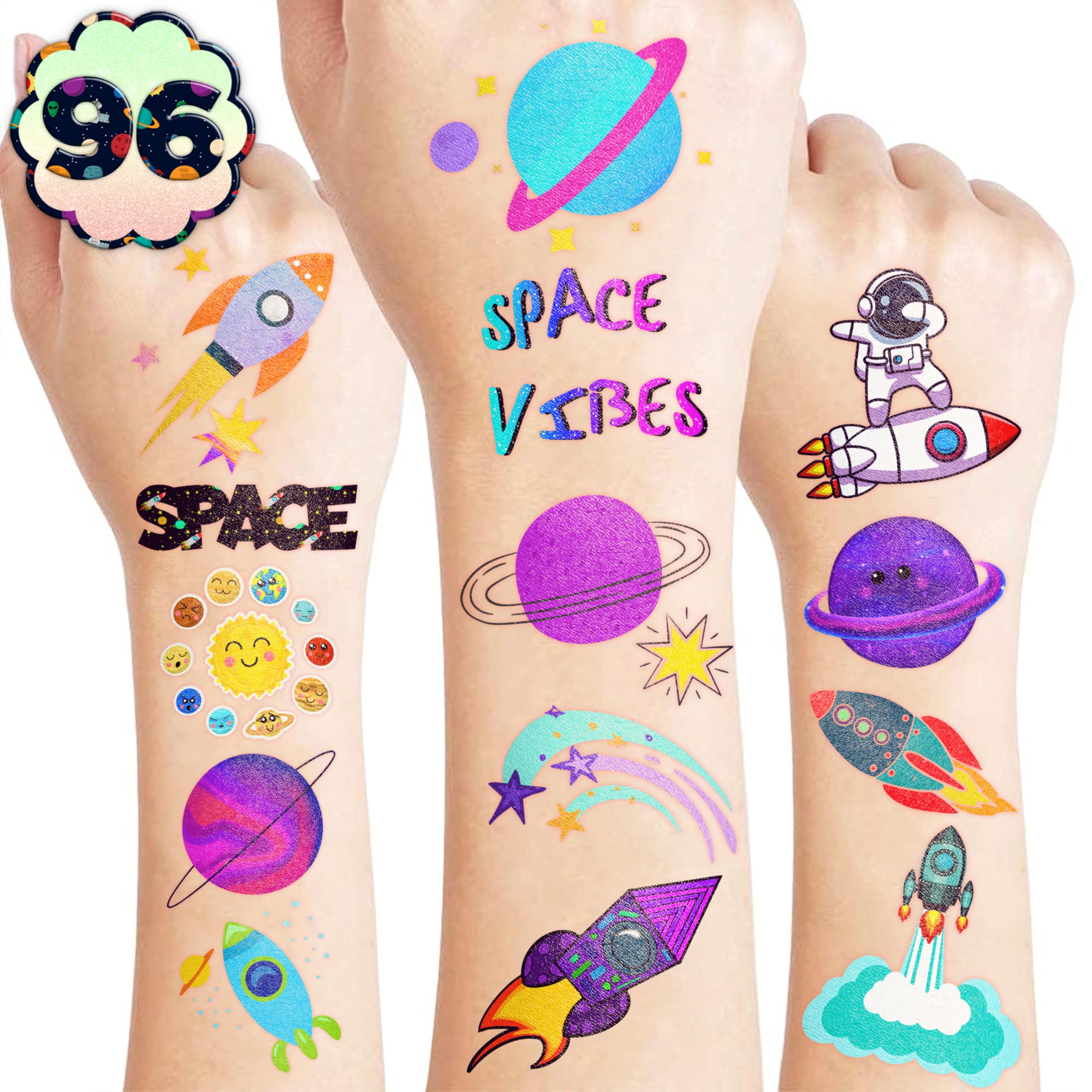 Galaxy Temporary Tattoos for Kids, 96PCS Outer Space Birthday Party Decorations Supplies Tattoos Stickers Cute Party Favors Girls Boys Gifts Classroom School Prizes Themed Christmas