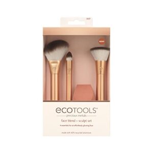 EcoTools Precious Metals Face Blend & Sculpt Set, Makeup Brush Kit For Foundation, Concealer, & Powder, Ecofriendly Makeup Brush Kit, Recycled Aluminum, Chrome, Cruelty-Free, 4 Piece Set