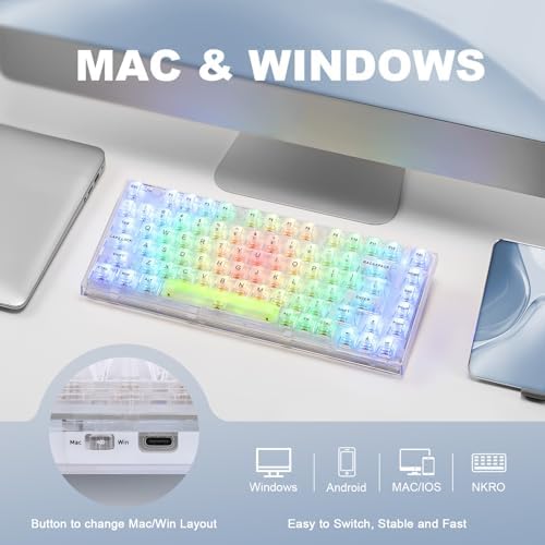 YUNZII X75 82 Key Hot Swappable Mechanical Keyboard with Transparent Keycaps, Gasket Mount 75 Keyboard, RGB Backlit Custom Gaming Keyboard for Windows/Mac (Kailh Jellyfish Switch, Wired-White)