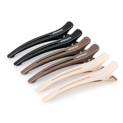 AIMIKE 6pcs Professional Hair Clips for Styling Sectioning, Non Slip Duck Billed with Silicone Band For Hairdresser, Women, Men For Salon and Home Hair Cutting - Brown & Apricot & Black